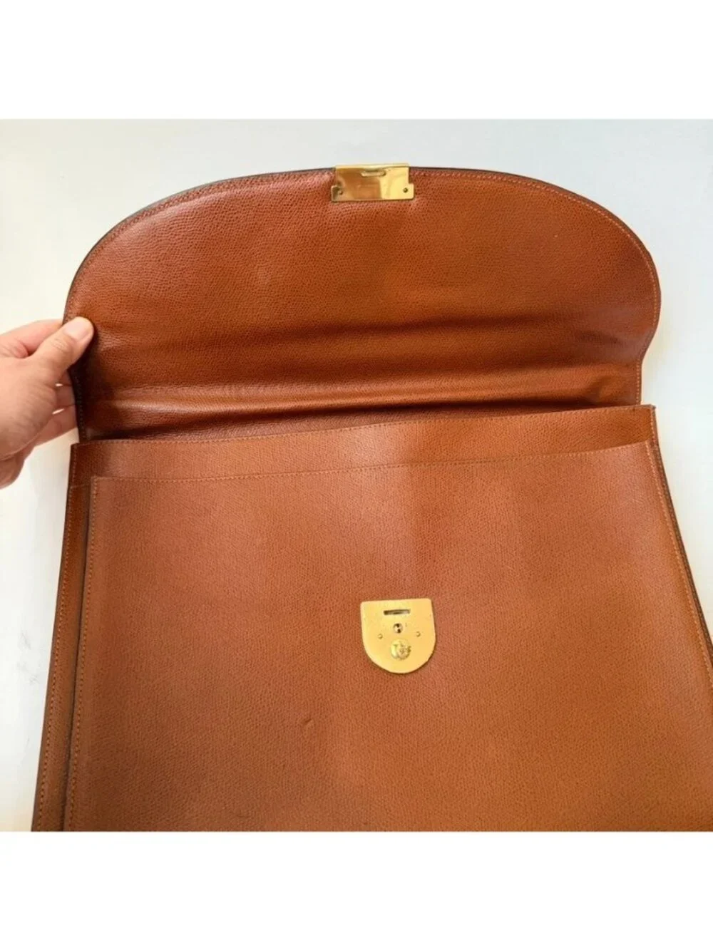 Vintage Lancel Paris Tan Brown Textured Leather Briefcase Top Handle Bag